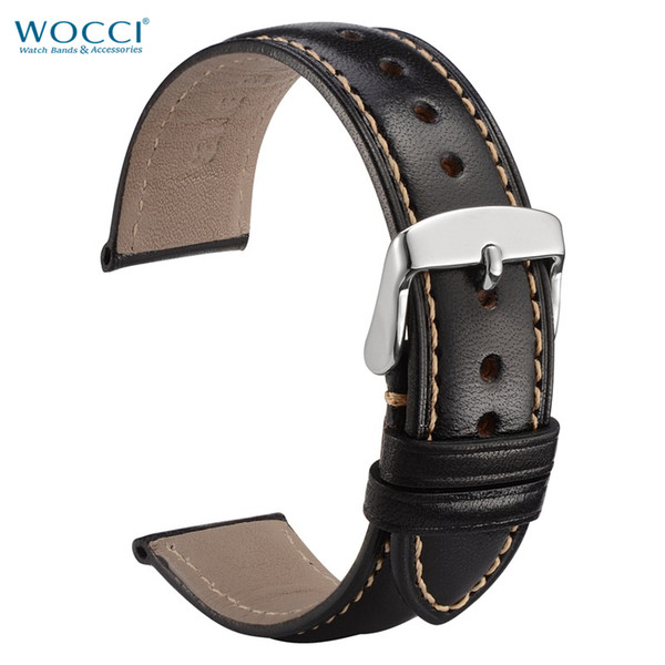 WOCCI Black Genuine Calfskin Leather Watch Bands Width 18mm, 20mm, 22mm Handmade Stitching Comfy Replacement Straps Bracelet for Men Women