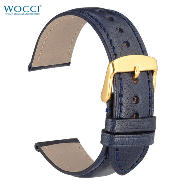 WOCCI Calfskin Full Grain Leather Watch Bands Straps Watchbands Dark Blue Width 18mm, 20mm, 22mm With Golden Buckle Pins Remove Install Tool