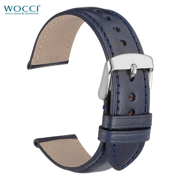 WOCCI Calfskin Genuine Leather Replacement Watchbands Dark Blue Width 18mm, 20mm, 22mm With Buckle Spring Bars Remove Install Tool