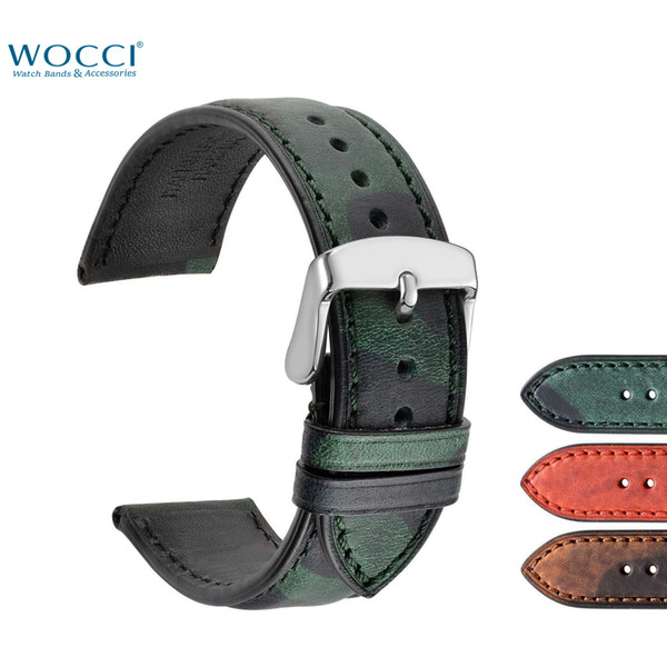 WOCCI Camo Wristwatchs Replacement Straps Military Sport Watch Bands Genuine Leather Relojes Width 18mm 20mm 22mm With Lugs Buckles Tool