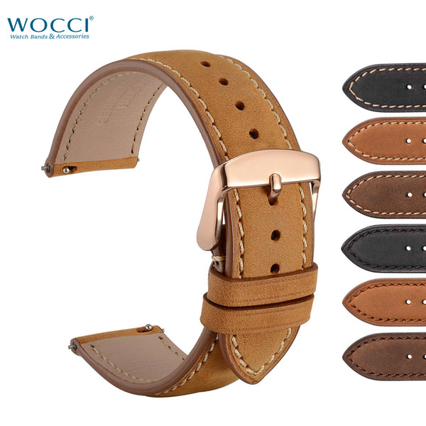 WOCCI Watch Bands With Quick Release Pin For Luxury Watches Rose Gold Buckle Suede Crazy Horse Leather Reloj Bracelet 18mm 20mm 22mm