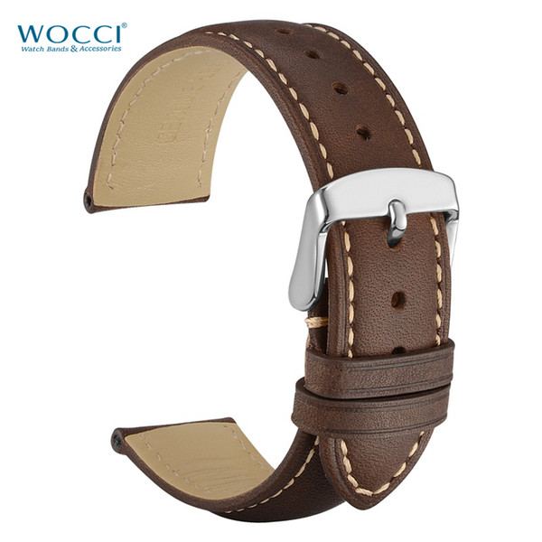 WOCCI Crazy Horse Leather Watch Bands Dark Brown Black Tan With Stainless Needle Buckle Lugs 2019 Retro Watchbands 18mm 19mm 20mm 21mm 22mm