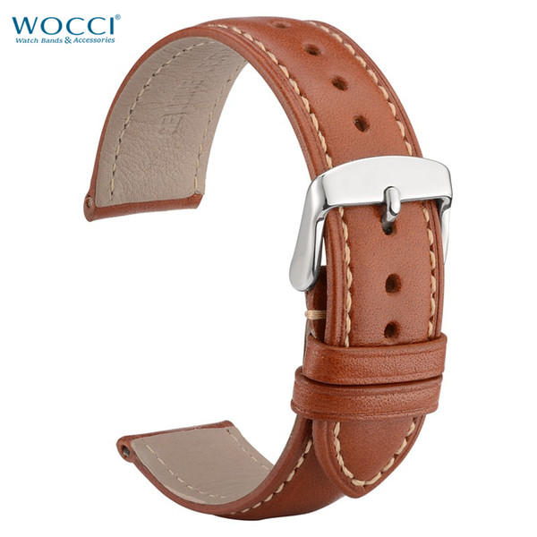 WOCCI Red Brown Calfskin Leather Watch Bands Width 18mm, 20mm, 22mm Handmade Stitching Comfy Replacement Straps Bracelet for Men Women