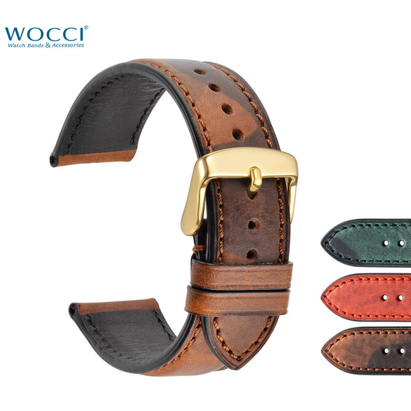 WOCCI Watch Band 18mm 20mm 22m Military Sport Watches Strap Genuine Leather With Camo Pattern For Men Women