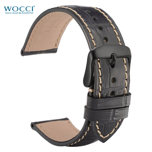 WOCCI Alligator Grain Leather Watchbands Elegant Replacement For Watch Contrasting Seam Straps Bands Width 18mm, 19mm, 20mm, 21m, 22mm