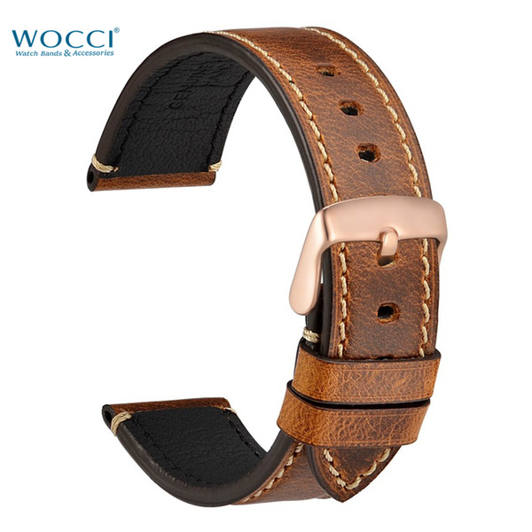 WOCCI Germany Crazy-horse Leather Watchbands Vintage Watch Replacement Bands With Rose Gold Needle Buckle Band Width 24mm 22mm 20mm 18mm