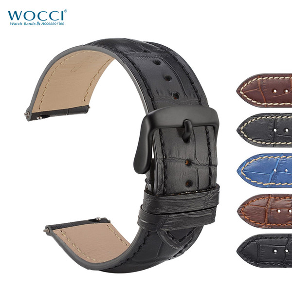 WOCCI Alligator Grain Watch Band for Casual Sport Watch Men or Women With Black Buckle Quick Release Pin Black Brown Blue 18mm 20mm