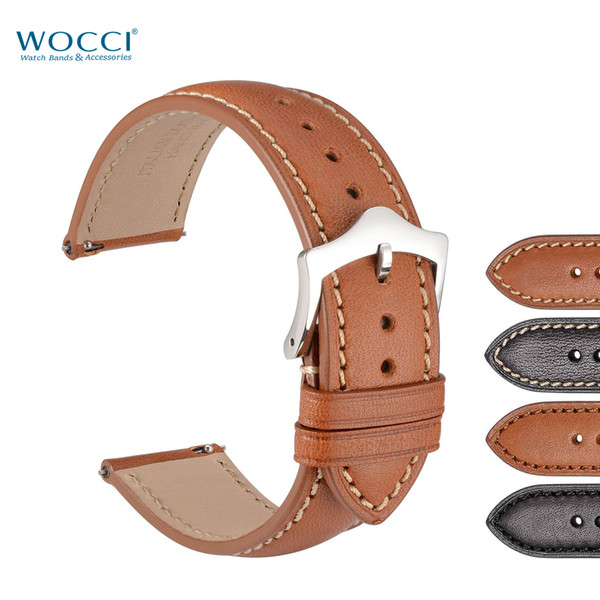 WOCCI Classic Watch Band France Calf Leather With Stainless Silver Buckle in Black Gold Brown Colors Straps Width 18mm 20mm 22mm