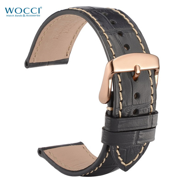 WOCCI Alligator Grain Leather Watchbands Contrasting Stitching Replacement Watch Straps Tools Watch Bands Width 18mm, 19mm, 20mm, 21,22mm