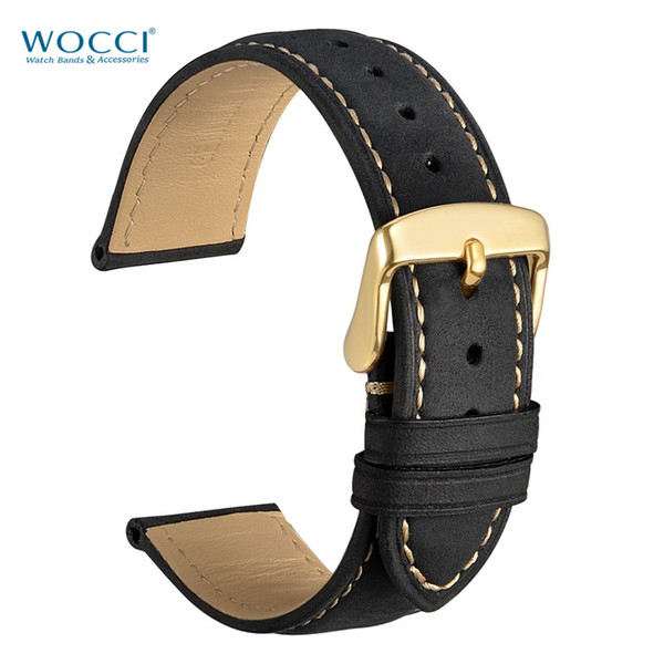 WOCCI Watchbands With Contrasting Stitching Golden Buckle Micro-suede Vintage Crazy Horse Leather Black Bands Width 18mm 19mm 20mm 21mm 22mm