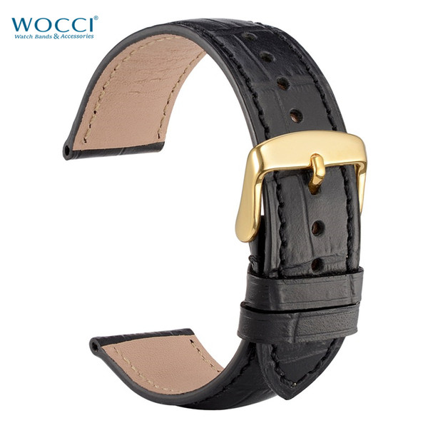 WOCCI Alligator Grain Black Leather Watch Straps Soft Watchbands Width 18mm, 19mm, 20mm, 21mm, 22mm Golden Buckle Lugs Tool Watchbands