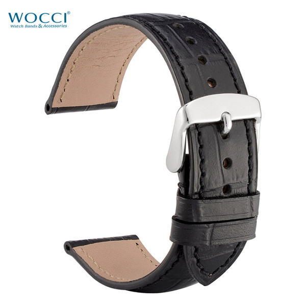 WOCCI Alligator Grain Black Leather Watch Bands Watchbands Width 18mm, 19mm, 20mm, 21mm, 22mm Stainless Buckle Lugs Tool Watch Straps