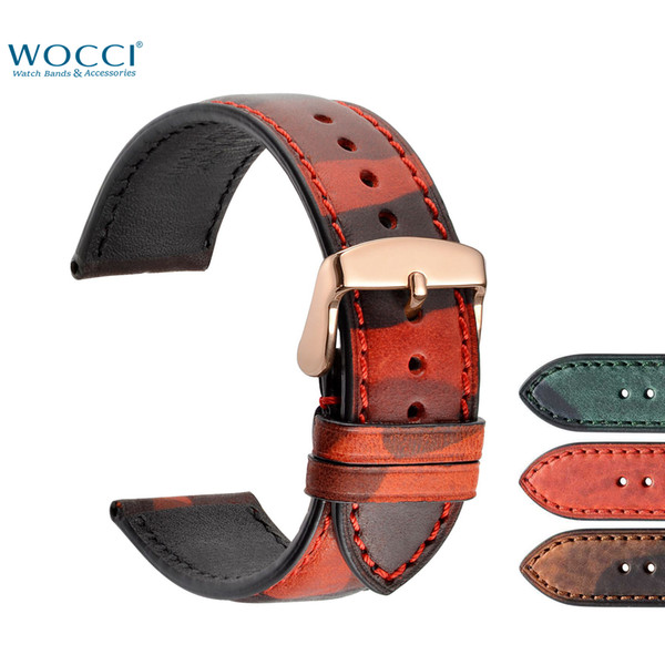 WOCCI Camouflage Watch Bands Replacement Straps Sport Timepiece Genuine Leather Relojes Width 18mm 20mm 22mm Bracelet With Rose Gold Buckle