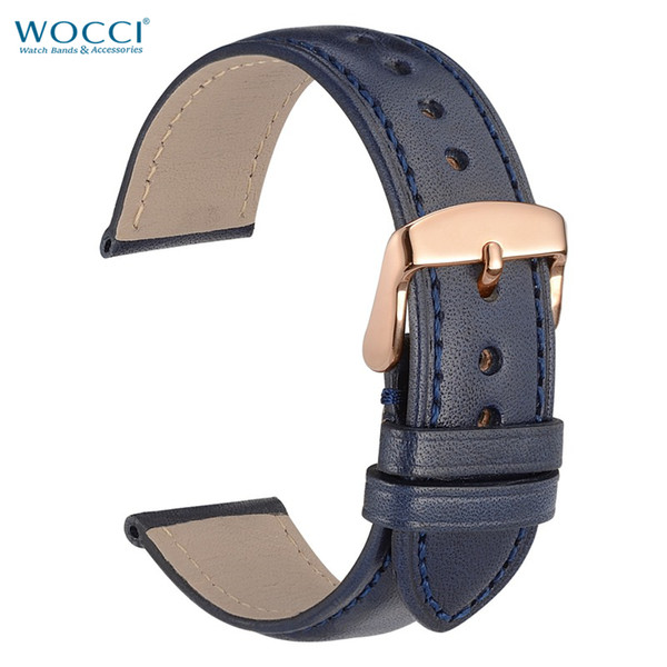 WOCCI Calfskin Genuine Leather Handmade Watch Bands Straps Width 18mm, 20mm, 22mm With Rose Gold Buckle Pins Remove Install Tool