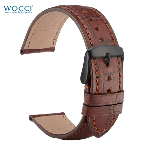 WOCCI Alligator Grain Watchbands Brown Leather Watch Straps Width 18mm, 19mm, 20mm, 21mm, 22mm Black Buckle Lugs Tool Watch Bands