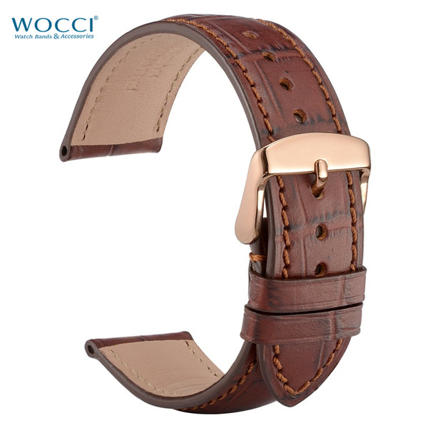 WOCCI Alligator Grain Brown Leather Watch Bands Watchbands Width 18mm, 19mm, 20mm, 21mm, 22mm Rose Gold Buckle Lugs Tool Watch Straps