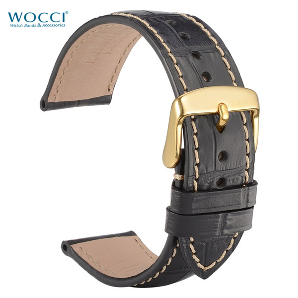 WOCCI Alligator Embossed Cowhide Leather Watch Straps Replacement Watch Bands Black Dress Watchbands Width 18mm, 19mm, 20mm, 21mm, 22mm