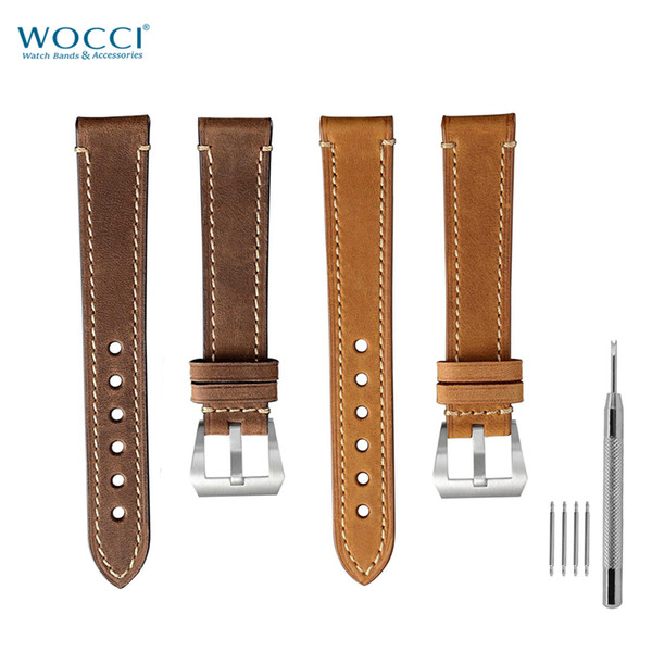 WOCCI 24mm Saddle Style Vintage Genuine Leather Wristwatches Straps Brown Suede Surface For Large Wrist Men Watches Bands Needle Buckle