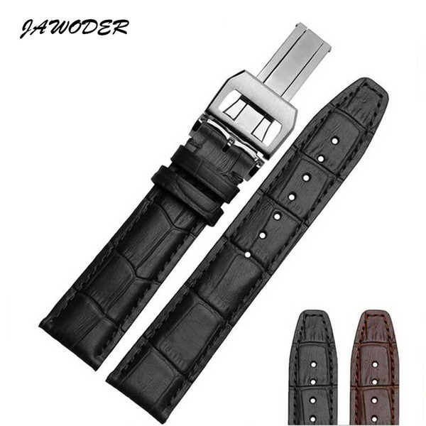 JAWODER Watchband 20 21 22mm Black/Brown Bamboo Grain Genuine Leather Watch Band Strap Stainless Steel Deployment Buckle for Portugal Pilot