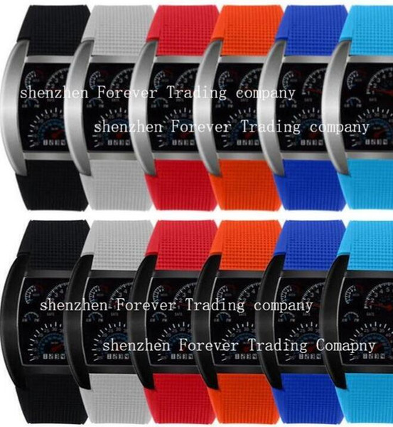 Wholesale mix 6 colors LED Watch Dashboard Aviation Men Sport Fashion Wristwatches For Like Auto Meter Silicone Battery Glass Watch