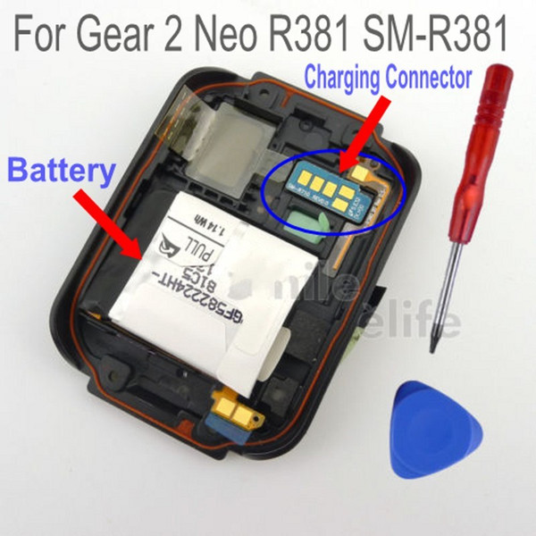 Black Original R381 Back Cover Housing Rear Case with Charging Connector & R381 Battery For Samsung Gear 2 Neo SM-R381