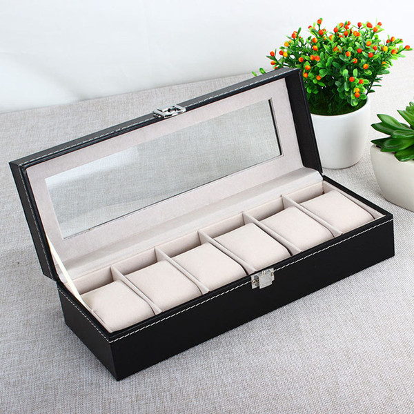 Wholesale-Classic 6 Grid Luxury Refinement Slots Wrist Watches Gift Case Jewelry Display Boxes Storage Holder Fast Free Shipping