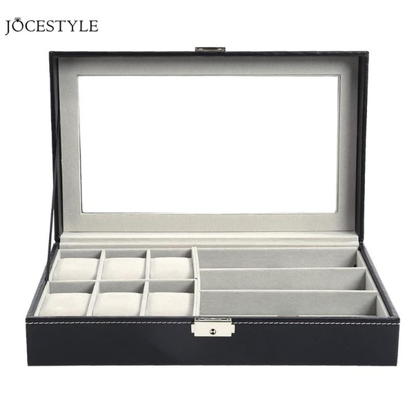 Multi-functional Single Layer 6 Table + 3 Grid Slots Leather Watch Box Jewelry Display Sunglass Holder Organizer Storage Case