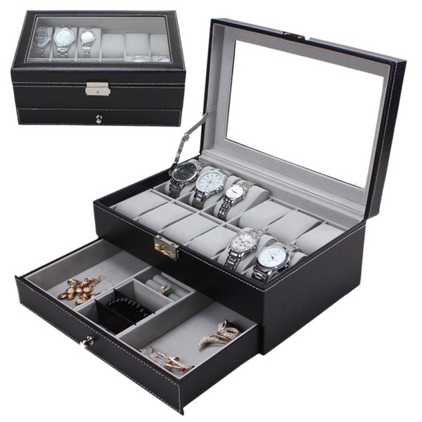 12 Grids Slots Double Layers PU Leather Watch Storage Box Professional Watch Case For Rings Bracelet Organizer Box Holder