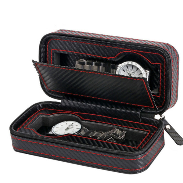 Portable Travel Organizer Case Carbon Fiber Leather Zipper Watches Box Display Container Storage Holder