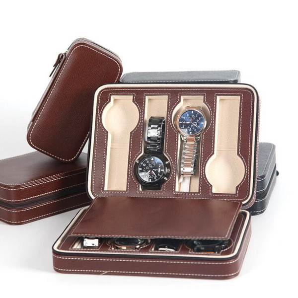 PU Leather Watch Box - 2 4 8 Grids travel Watches Storage Display Tray Case Zipper Boxes - Mens Jewelry Organizer - Black Brown (3 Size)