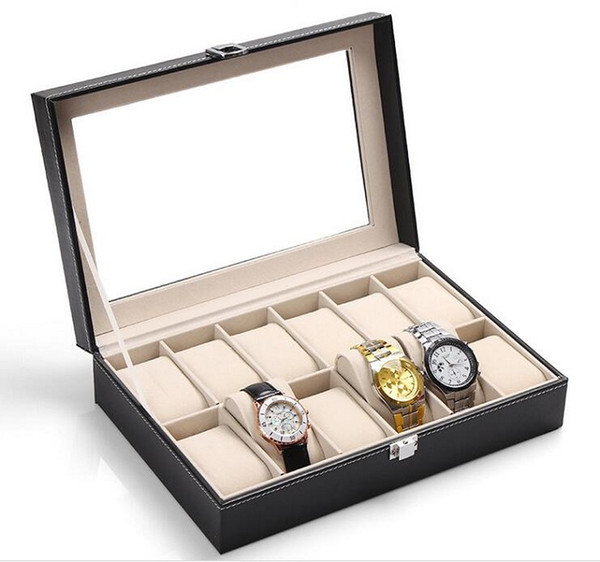 NEW 12-Grid Glass Watch Box Large Mens Black Pu Leather Display Glass Top Jewelry Case Organizer Storage Box