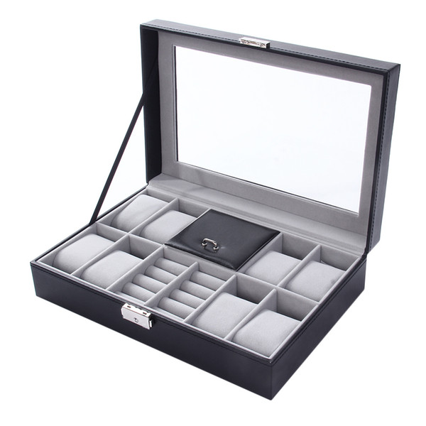 8+3 Mixed Grids Wacth Box Leather Case Storage Organizer Box Luxury Jewelry Ring Display Watch Boxes Black Quality 2 In 1