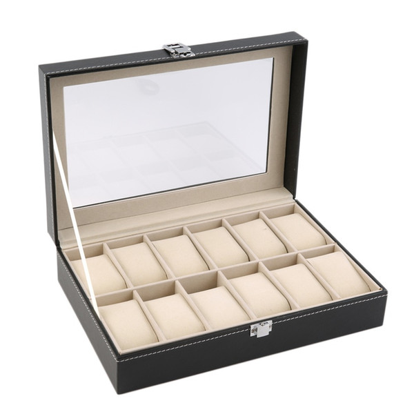 12 Slots Grid PU Leather Watch Display Box Jewelry Storage Organizer Case locked Watch Display Box