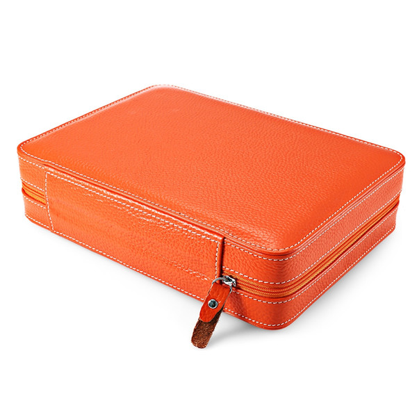 8 Slots Zippered Travel Watch Box Genuine Leather Storage Case Organizer Orange