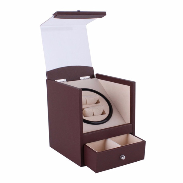 Auto Rotation Watch Winder Brown Transparent Cover Winder Luxury 2 Grids Casket Cuboid Shape US Plug Wristwatch Box With Drawer