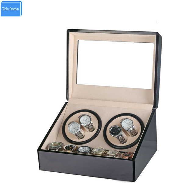 Wholesale-Global Plug Use Black Wood Surface Watch Winder Box Inner Velvet Automatic Rotation 4+6 Watch Winder Storage Case Display Box