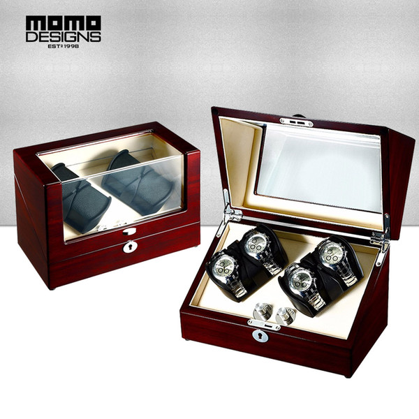 HOT SELL-Wooden watch winder machine box for 4 automatic watches with Double rotors Elastic pillow and Top window