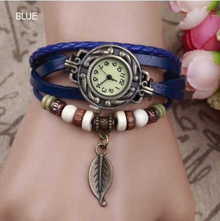 Free Shipping High Quality Women Genuine Leather Vintage Watch,Leaf Pendant bracelet Wristwatches For Xmas Gift jewelry 10PCS/LOT