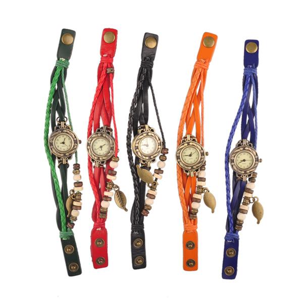 Women Leather Vintage Watch Leaf Pendant Bracelet Wristwatches 7 Colors Retro Vintage Leaf Pendant Weave Wrap Quartz Watch Best Gift 1806011