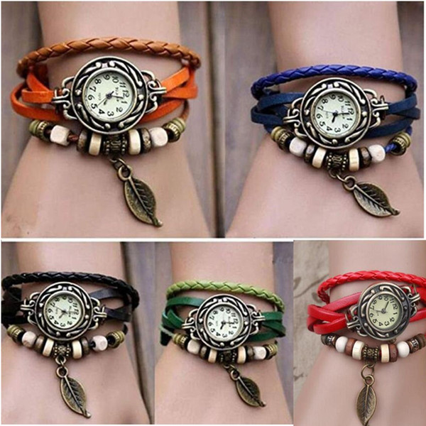 Retro Quartz Pendant Wrist Watches Fashion Weave Wrap Around Leather Bracelet Bangle Womens Tree Leaf Green Girl Watch