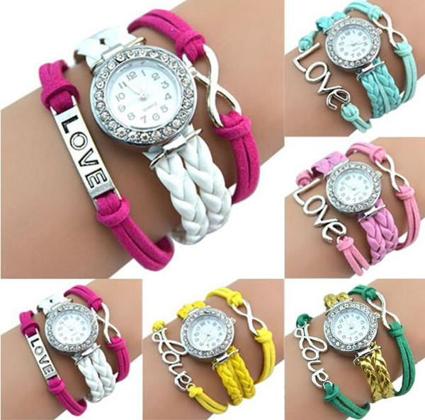 Antique Silver Infinity Love Charm Bracelet Bangle Watch Leather Crystal Watch