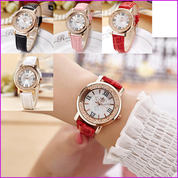 Brand Design - Women Ladies Watch, PU Leather Quartz Wrist Dress Watch Montre, Female Watch (Black White Red Pink)