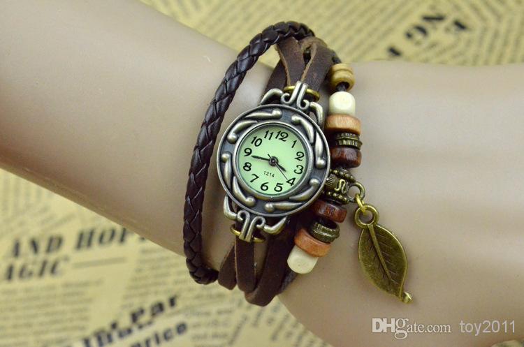 2017 Rushed Antique Women's Pastoral Vintage Watch Leaf Pendant Leather Strap Casual Watches Analog Bronze Leaves Ladies Quartz New Dropship