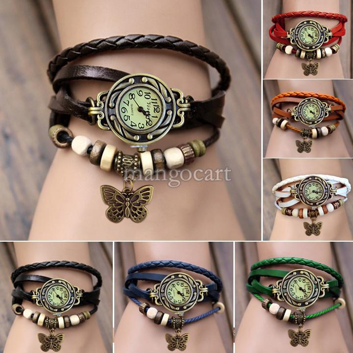 Wholesale-2014 New Arrivals Fashion Women Genuine Leather Vintage Watch bracelet Wristwatches butterfly 19255#710