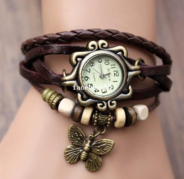 Wholesale High Quality Women Genuine Leather Vintage Watch,bracelet Wristwatches butterfly for Xmas Gift jewelry