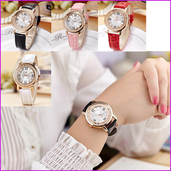 Brand Design - Women Ladies Watch, PU Leather Quartz Wrist Dress Watch Montre, Female Watch (Black White Red Pink)