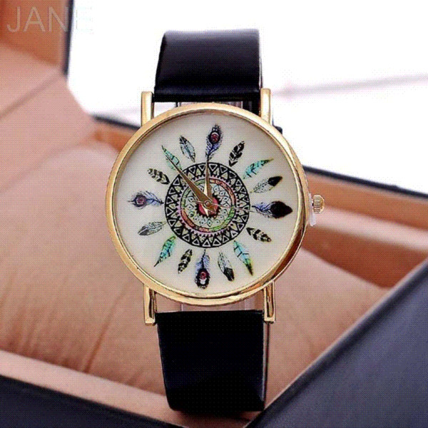 Charm Women Vintage Feather Dial Leather Band Quartz Analog Unique Wrist Watches Peacock Ladies Watch Clock Relogio 0150