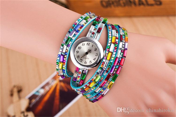 2015 New Vintage Watches 7 colors Imitation diamond quartz watch women wristwatch casual PU watch Free DHL