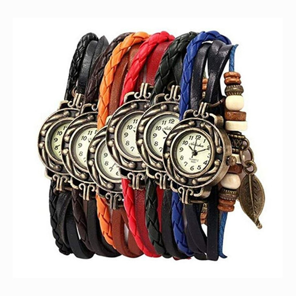 Retro Leaf Fashion leather Braid Bracelet Watch Charms Jewelry Infinity Bracelets Wrist Watch Chirstimas Birthday Thanksgiving Day Gift