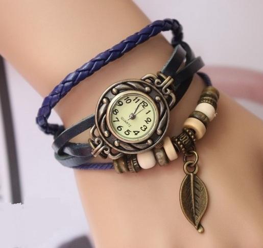 Retro Quartz Bracelets Watches Weave Wrap Around Watches Leather Bracelet Watch Bangle Womens Tree Leaf Green Girl Wristwatch